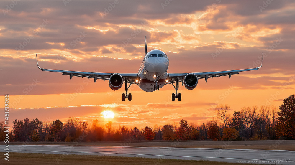 Fototapeta premium Airplane landing at sunset