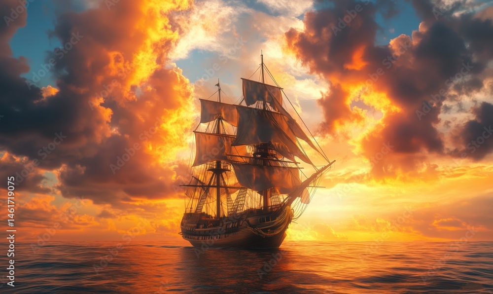 Fototapeta premium Majestic sailing ship at sunset with dramatic clouds and vibrant colors
