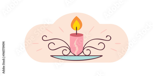 Pink candle with swirl stand and glowing flame in decorative style