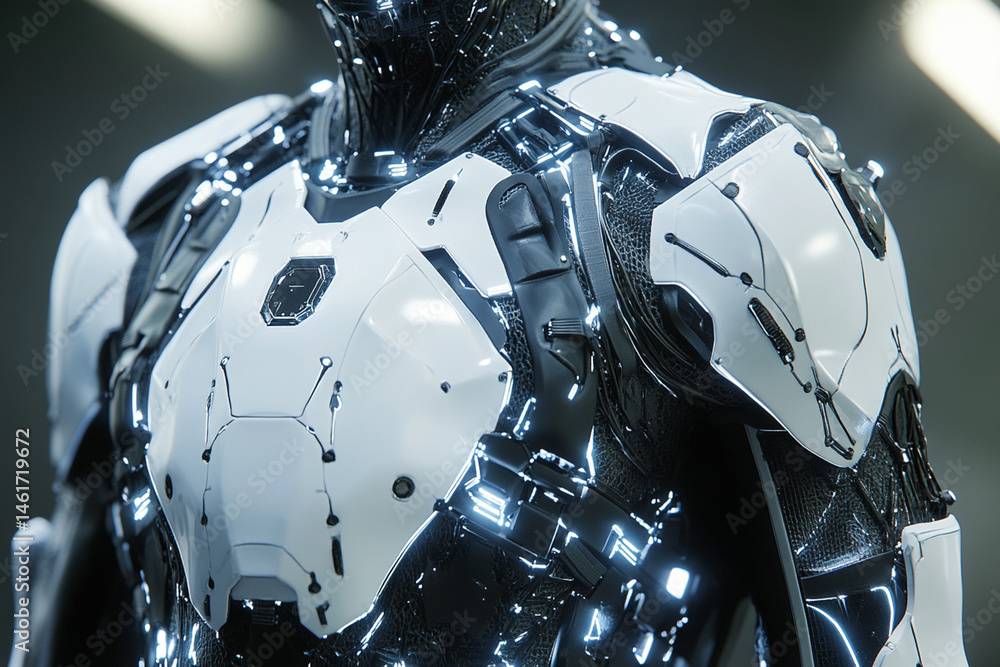 Futuristic armor with cybernetic elements, lighting and a complex system of sensors Futuristic armor with cybernetic elements, lighting and a complex system of sensors