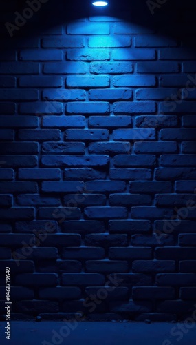 Black brick wall, vibrant blue neon glow Night urban texture , backdrop, industrial