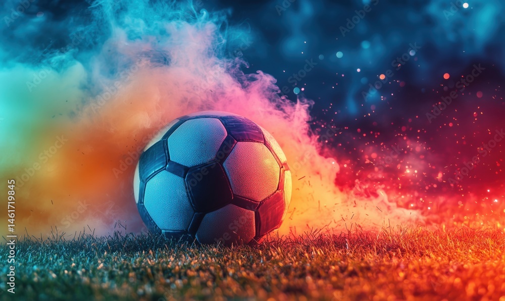 Naklejka premium Dynamic soccer ball surrounded by colorful smoke and vibrant lights on grass field