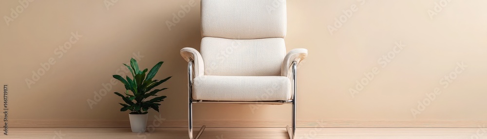 A modern armchair and a potted plant sit against a beige wall on a wooden floor, creating a minimalist interior scene.