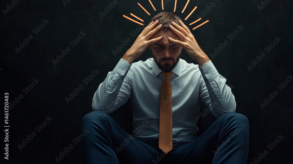 A man in business attire sits with his head in his hands, appearing stressed, with rays above his head symbolizing mental pressure or thoughts.