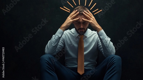 Obraz na płótnie A man in business attire sits with his head in his hands, appearing stressed, with rays above his head symbolizing mental pressure or thoughts. w salonie
