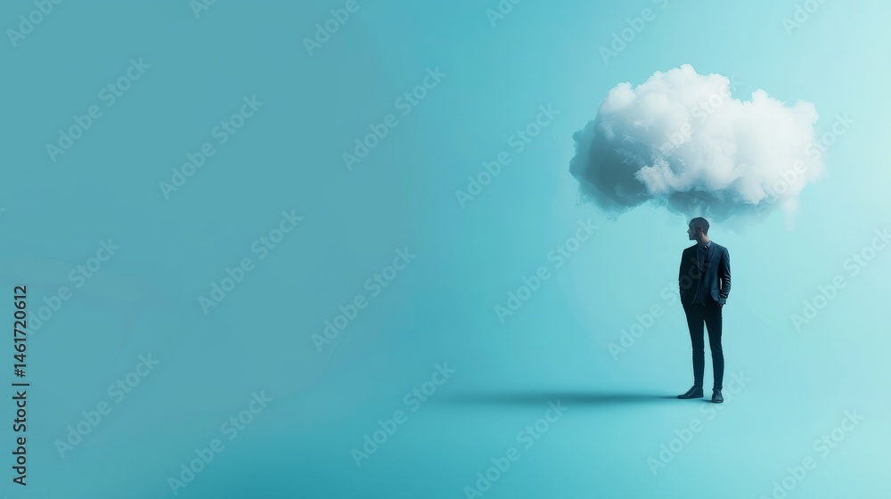 A man stands on a blue background with a cloud hovering above his head, symbolizing thoughts or emotions.