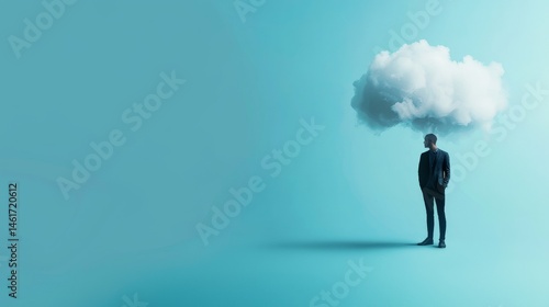 Obraz na płótnie A man stands on a blue background with a cloud hovering above his head, symbolizing thoughts or emotions. w salonie