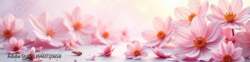 Delicate pink dried flowers scattered on pastel backdrop , beauty, spring, card