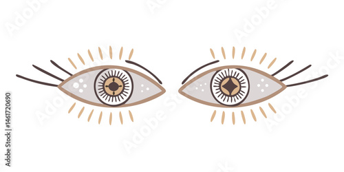 Dual mystical eyes illustration with stylized lashes in beige tones	