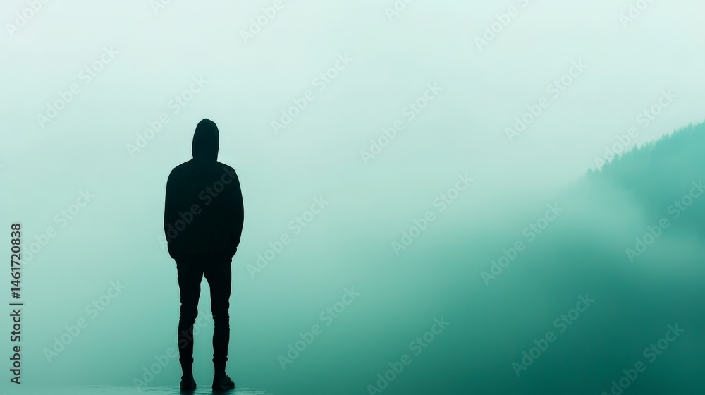 A lone figure in a hoodie stands on a misty landscape, surrounded by fog and distant hills, evoking solitude and contemplation.