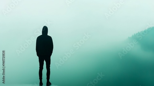 Obraz na płótnie A lone figure in a hoodie stands on a misty landscape, surrounded by fog and distant hills, evoking solitude and contemplation. w salonie