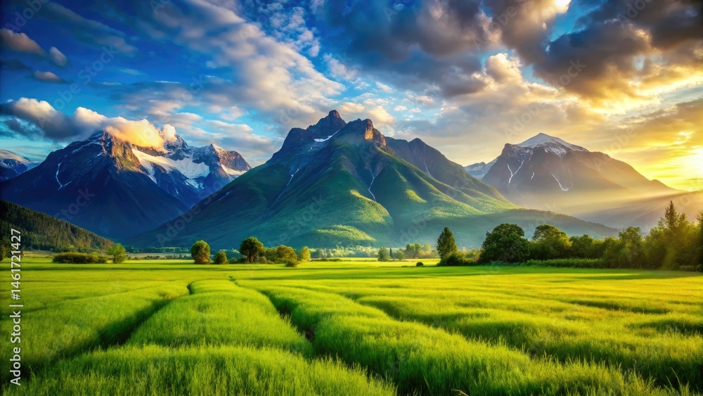 Fototapeta premium AI Generated Landscape Photography: Green Grass Field Mountain Scenery, Nature Portrait