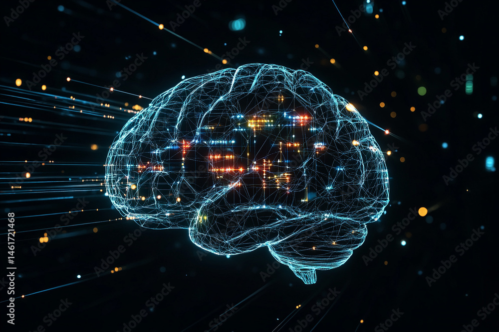Abstract cybernetic brain with blinking synapses and data streams on black background Abstract cybernetic brain with blinking synapses and data streams on black background