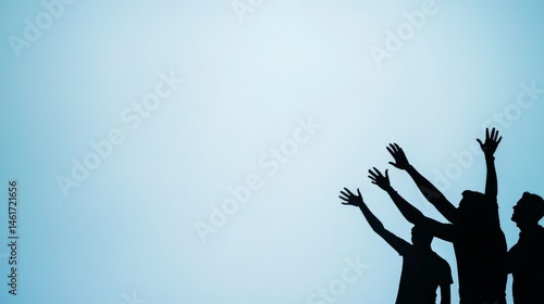 Obraz na płótnie Silhouettes of people reaching upward against a clear blue sky, symbolizing hope, aspiration, and unity. w salonie