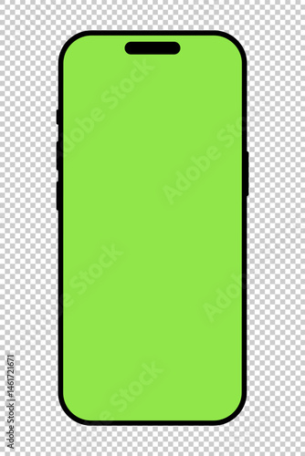 Smartphone frame. Mobile phone with green screen mockup. Gadget symbol. Device front view icon. Sign for website design, ui, mobile apps. Blank smart phone screen frame template on checkered backdrop.