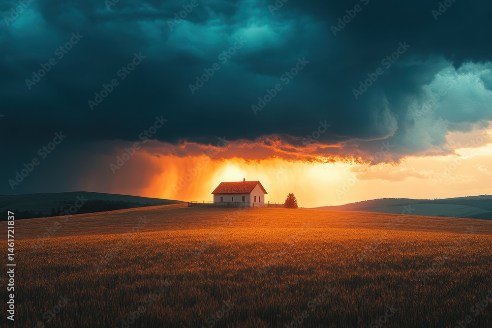 Fototapeta premium A lone house stands in a wheat field beneath a dramatic stormy sunset sky. Use this for dramatic landscape or rural scenes, and weather-related content.