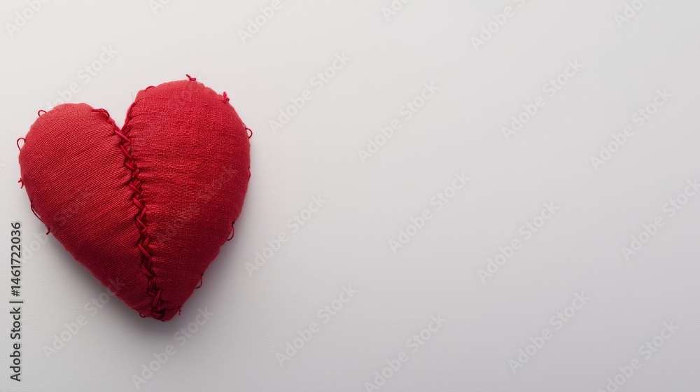 A red fabric heart with visible stitching lies on a plain white background, symbolizing healing and love.