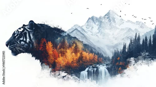 Fototapeta na wymiar Tiger's realm, a double exposure of wildlife and majestic mountain scenery