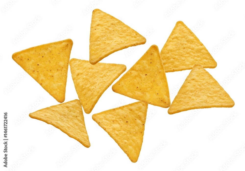 Isolated view of several triangle shaped tortilla chips scattered on a white plain background surface Isolated view of several triangle shaped tortilla chips scattered on a white plain background surface