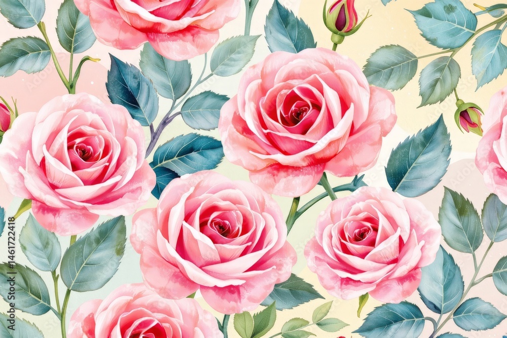 Fototapeta premium Seamless Pastel Watercolor Background with Pink Roses and Green Leaves