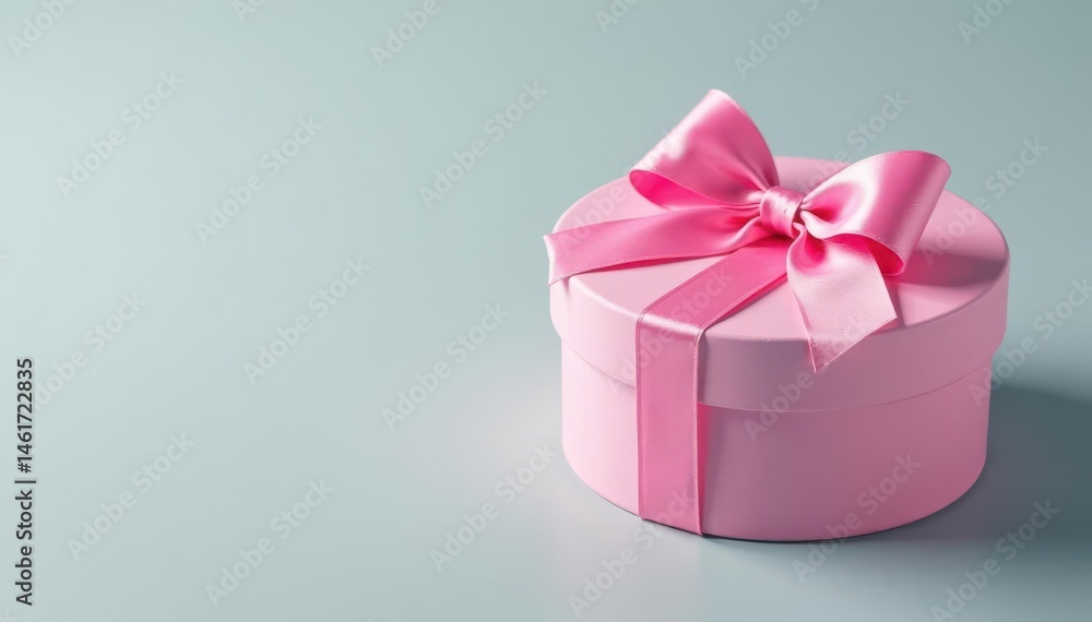 Obraz premium Pink round gift box with silk bow and ribbon Pastel cardboard, grey background , cardboard, present