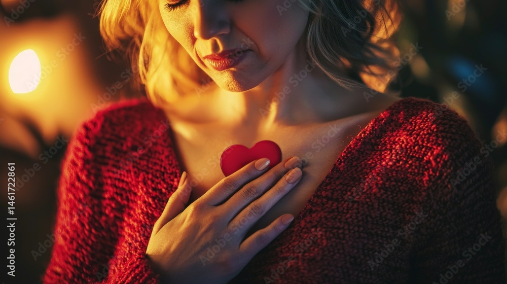 A woman holds a red heart close to her chest, wearing a cozy sweater and expressing emotion in warm ambient light.