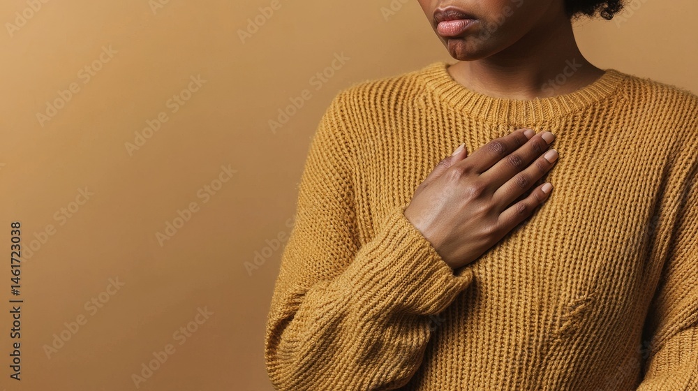 A woman in a mustard sweater holds her hand to her chest, expressing emotion against a neutral background.