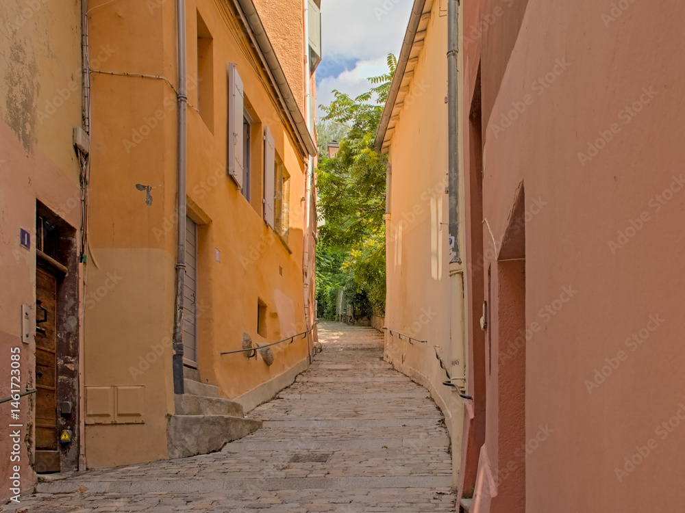 Fototapeta premium Cobblestone alley with traditional houses in pastel colours in the city of Lyon, France 