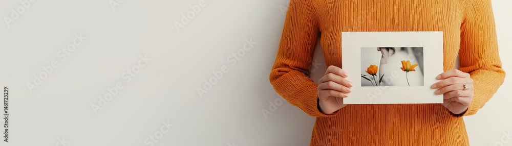 A person in an orange sweater holds a framed photograph of orange flowers against a neutral background.