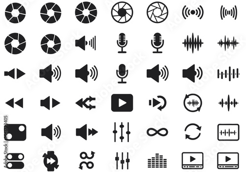 Diverse Collection of Media and Audio Icons Representing Functions Like Camera Aperture Microphone Audio Levels Play Button Equalizer Adjustment Toggle Switches and Infinite Loop Suitable for Multimed