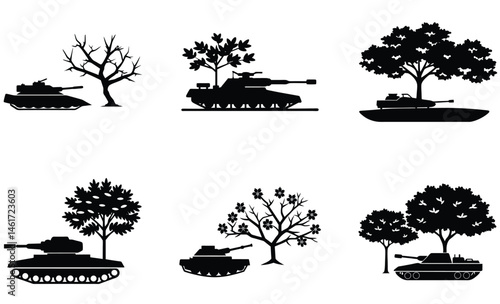 Tank with Tree on Rocky Terrain Vector Silhouette – Armored Military Vehicle and Natural Landscape Clipart for Warzone, Combat, and Tactical Scene Illustrations