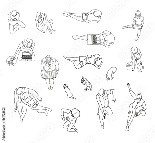Top View Vector Set of People, Children, Dogs and Cats Relaxing or Watching TV — Floor Plan Elements