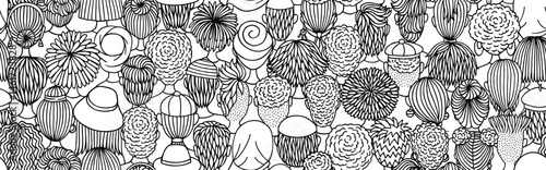 Seamless Vector Banner of Diverse Doodle Crowd in Black and White – Back View Illustration
