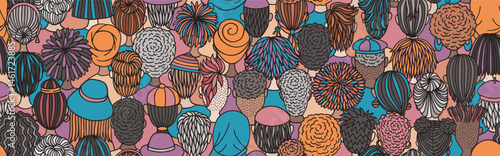 Seamless Vector Banner of Diverse Doodle Crowd – Back View Illustration
