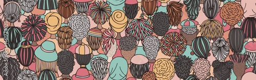Seamless Vector Banner of Diverse Doodle Crowd – Back View Illustration