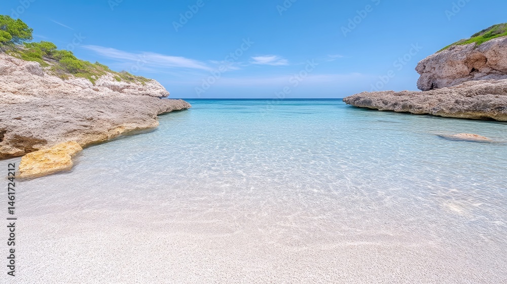Obraz premium Pristine beach cove with crystal-clear turquoise water. Rocky formations frame tranquil, shallow bay. Sunny, idyllic scenery