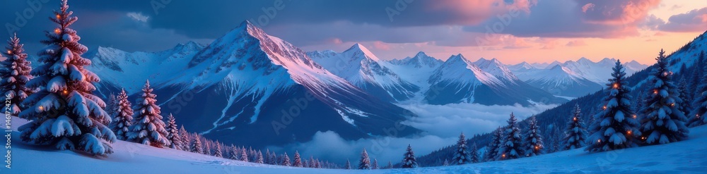 Obraz premium Snow-covered mountain range, twinkling Christmas lights, frosted trees, snow, peaceful, pine