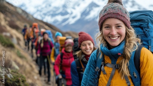 Smiling trekker leading a group of mountaineers through the majestic Himalayas