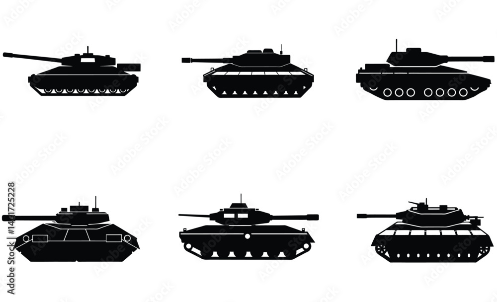 Obraz premium Merkava Tank Set Vector Silhouette – Armored Battle Tank Clipart Collection, Military Vehicle Graphics for Combat, Defense, and War Illustration Projects