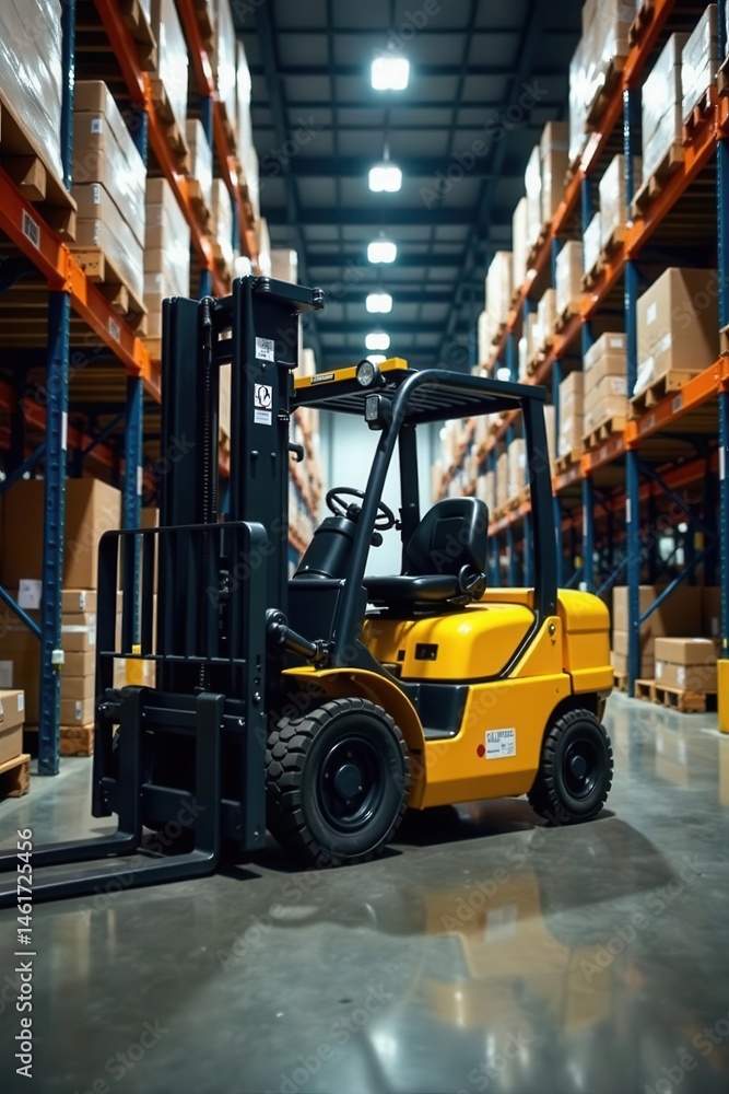 Warehouse forklift, yellow-orange texture, copy space, handling, industrial Warehouse forklift, yellow-orange texture, copy space, handling, industrial