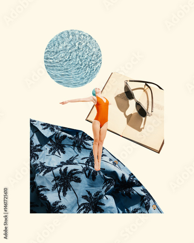 Conceptual collage. Swimmer in orange suit diving from tropical shirt toward pool circle and open book with sunglasses. Concept of vacation, leisure, sunny days, inspiration, fashion, calm mood.