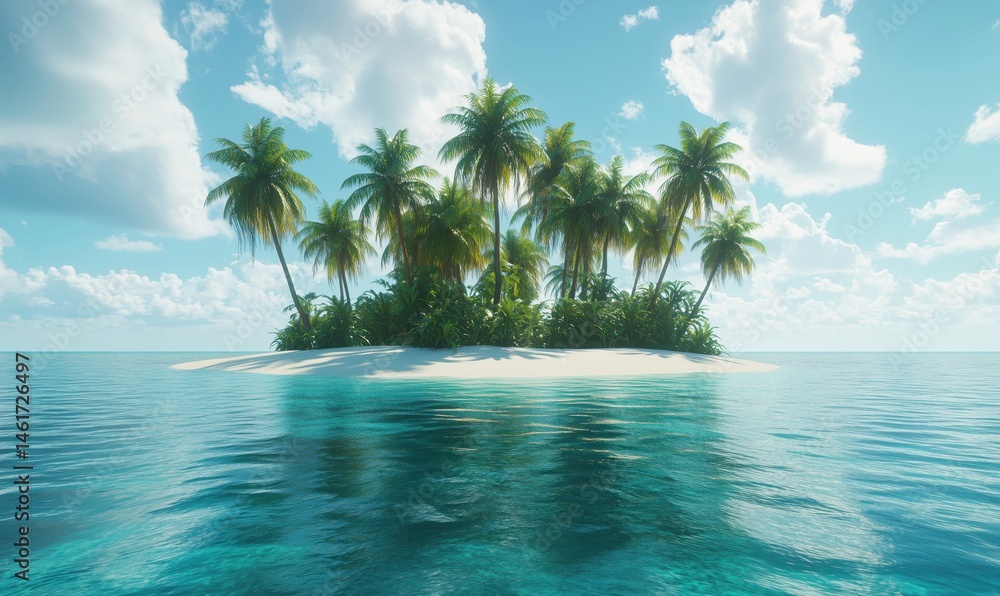 Tropical island paradise with palm trees and clear blue waters under sunny sky Tropical island paradise with palm trees and clear blue waters under sunny sky