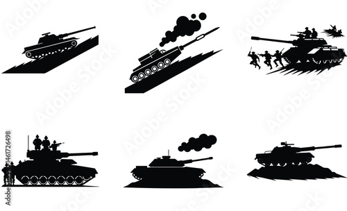 Tank Climbing Uphill Vector Silhouette Set– Military Armored Vehicle on Slope Clipart, War Machine Graphic for Combat, Terrain, and Tactical Illustration Projects