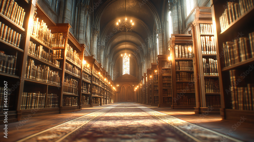 Fototapeta premium Dreamy library interior with soft focus bookshelves stretching into infinity warm ambient lighting scholarly atmosphere timeless knowledge