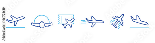 Plane vector line icon set. Flat linear airplane icon set. Vector airplane symbols, airport and airplane pictogram symbol modern flat style