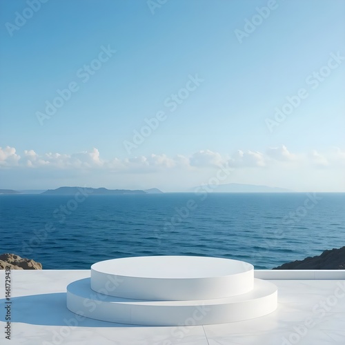 Wallpaper Mural Elegant White Podium by the Tranquil Ocean View. A pristine white round podium stands gracefully against a breathtaking backdrop of the serene ocean meeting a vibrant sky with soft clouds. Torontodigital.ca