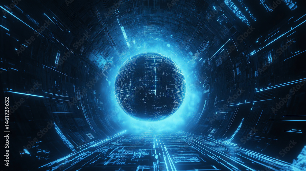 Obraz premium A digital globe symbolizes global data flow, featuring numeric elements and graphics. Surrounded by circular lines, it floats in a blue-black abstract space with futuristic energy.