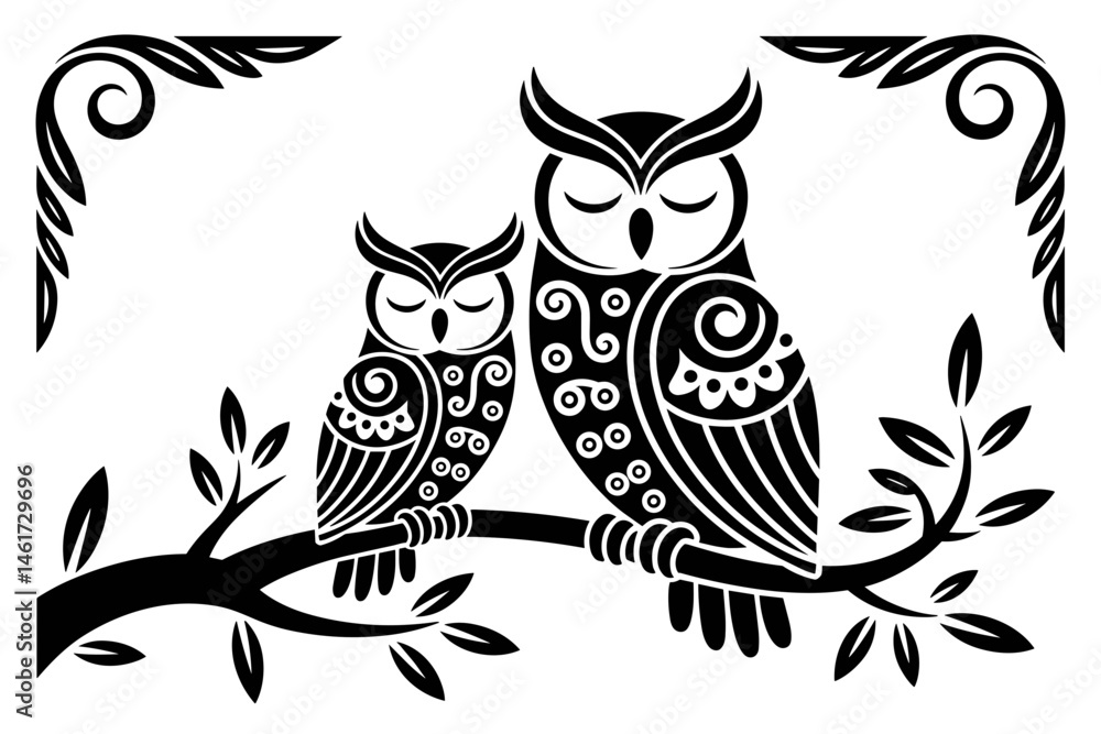 Obraz premium Ornamental Owl Pair on Branch – Black and White Vector Illustration