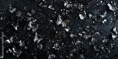 Irregular liquid-silver blobs floating on a dark, noisy background, small metallic butterflies scattered in ghostly dispersion