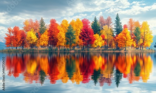 Vibrant autumn foliage reflecting on tranquil lake surface in picturesque landscape